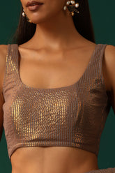 Truebrowns Grey Cotton Gold Lurex Scoop Neck Sleeveless Blouse